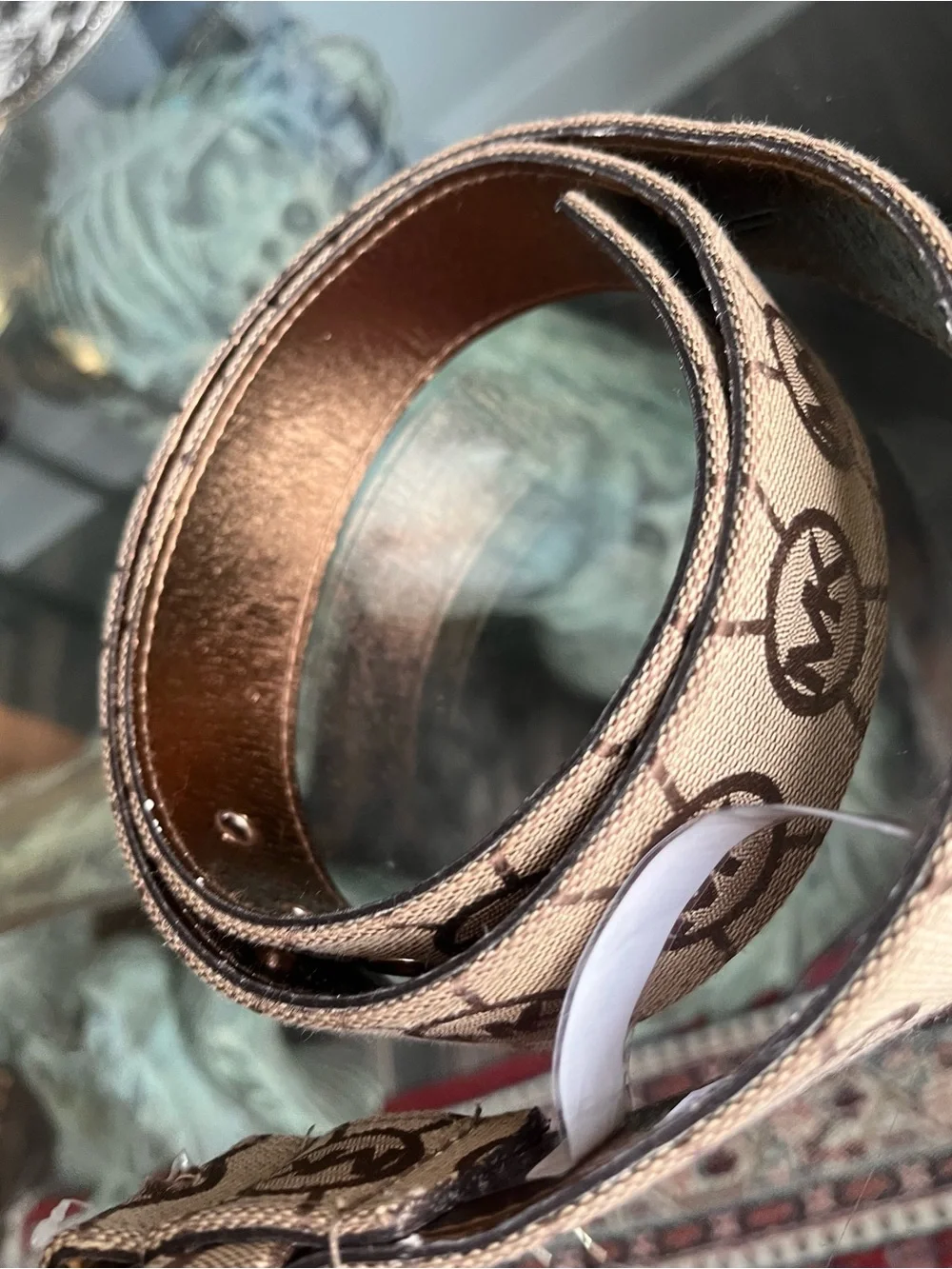 Michael Kors Brown Signature Logo Belt with Gold Buckle, size Large
